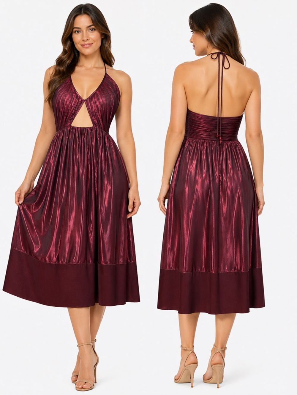 Vintage 90s Y2K Pleated Burgundy Metallic Halter Cutout Formal Midi Dress 10